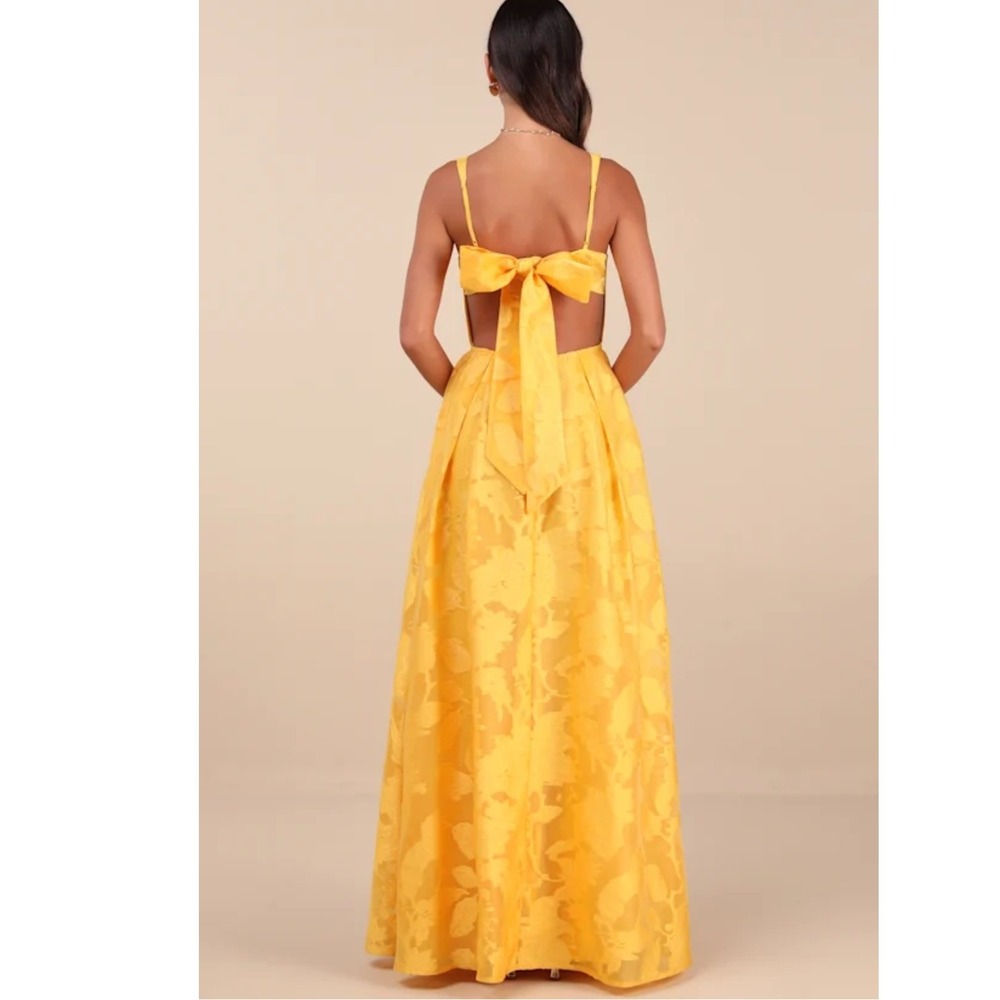 Lulus Perfected Aura Yellow Floral Jacquard Bow‎ Back Maxi Dress With Pockets S - Picture 3 of 9